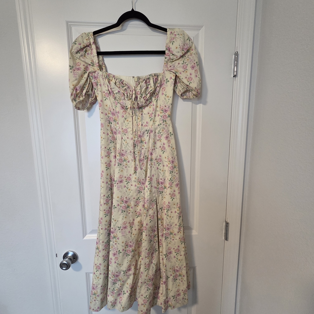 House of CB Floral Cream Midi Dress with Puff Sleeves